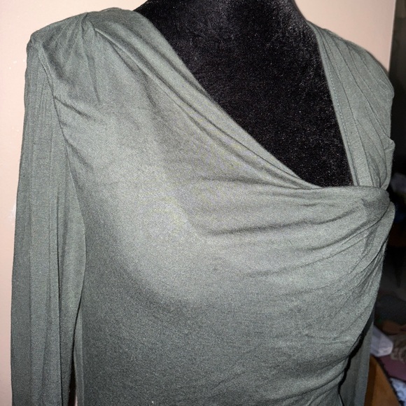 VENUS Asymmetrical Olive Long Sleeve Ruched Dress - Picture 4 of 9